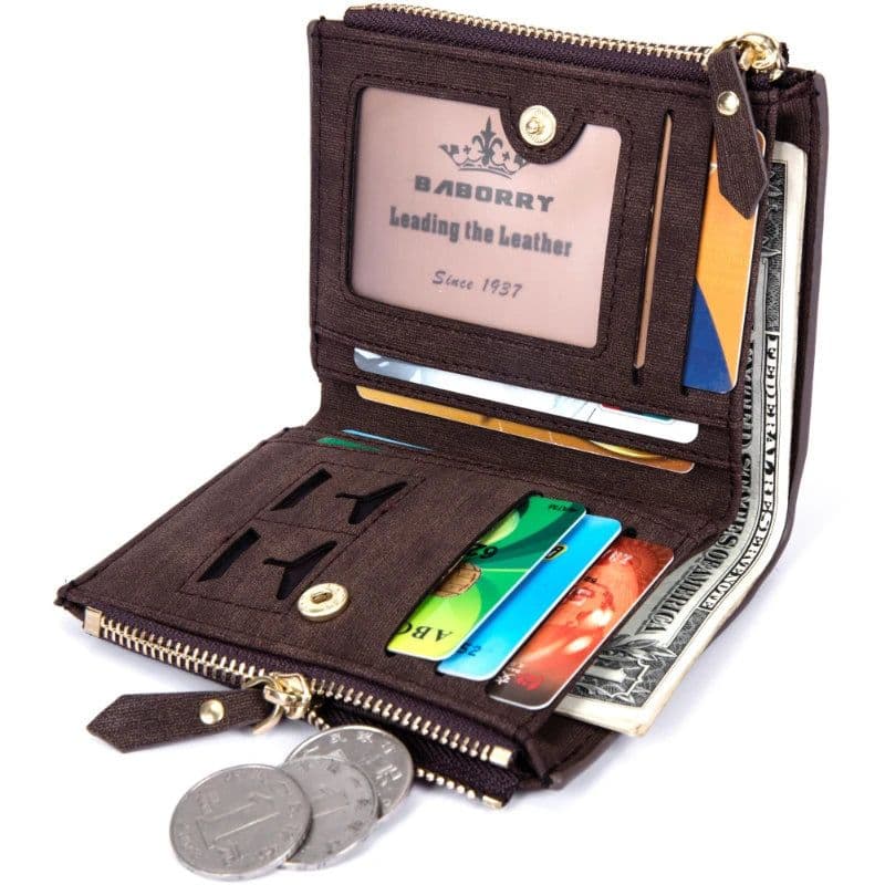 image-RFID Protect Men Wallet Vintage Solid Soft PU Coin Purse Card Holder Short Wallets with Zippers Design Short Luxury Men's Purses