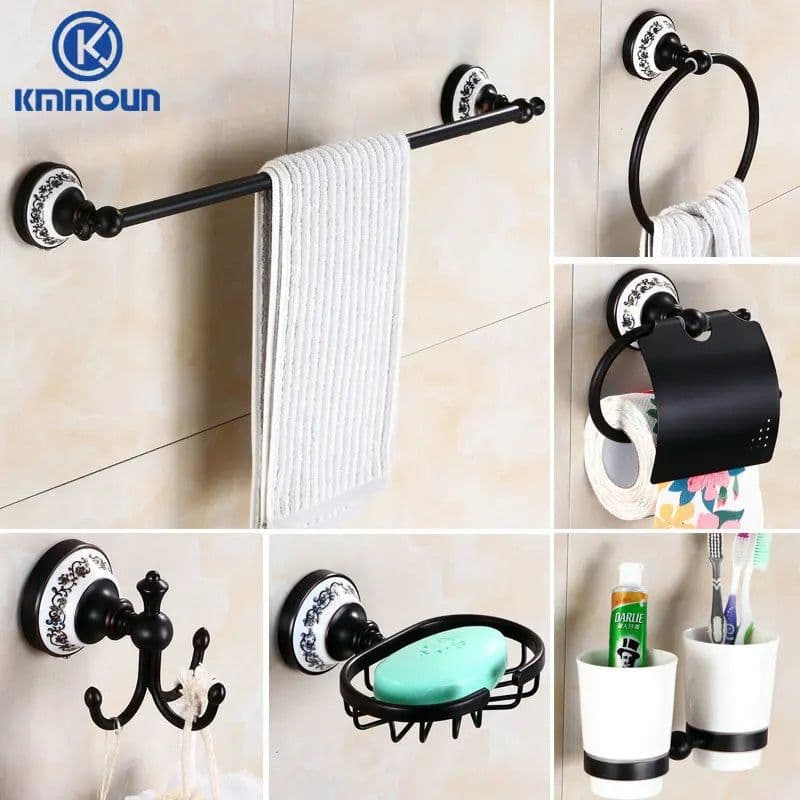 image-Oil Black Bronze Brushed Bathroom Accessories Towel Shelf Towel Bar Paper Holder Cloth Hook Soap Dish Cup Holder Toilet Holder