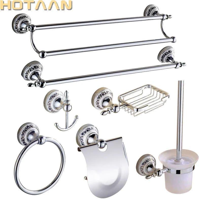 image-Luxury Towel Rack Wall Mounted Bathroom Accessories Set Ceramic Stainless Steel Bath Hardware Sets Chrome Toilet Brush Holder
