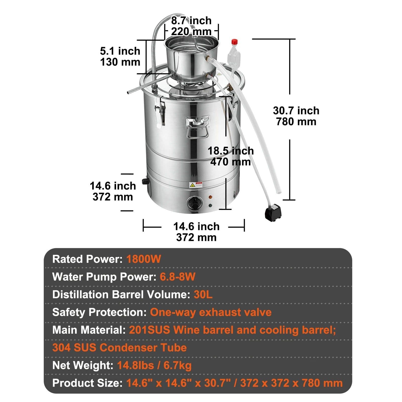 image-VEVOR 30/50L Stainless Steel Alcohol Distiller Alcohol Still Essential Oil Brewing DIY Whisky Wine Brandy Distillery Home Use