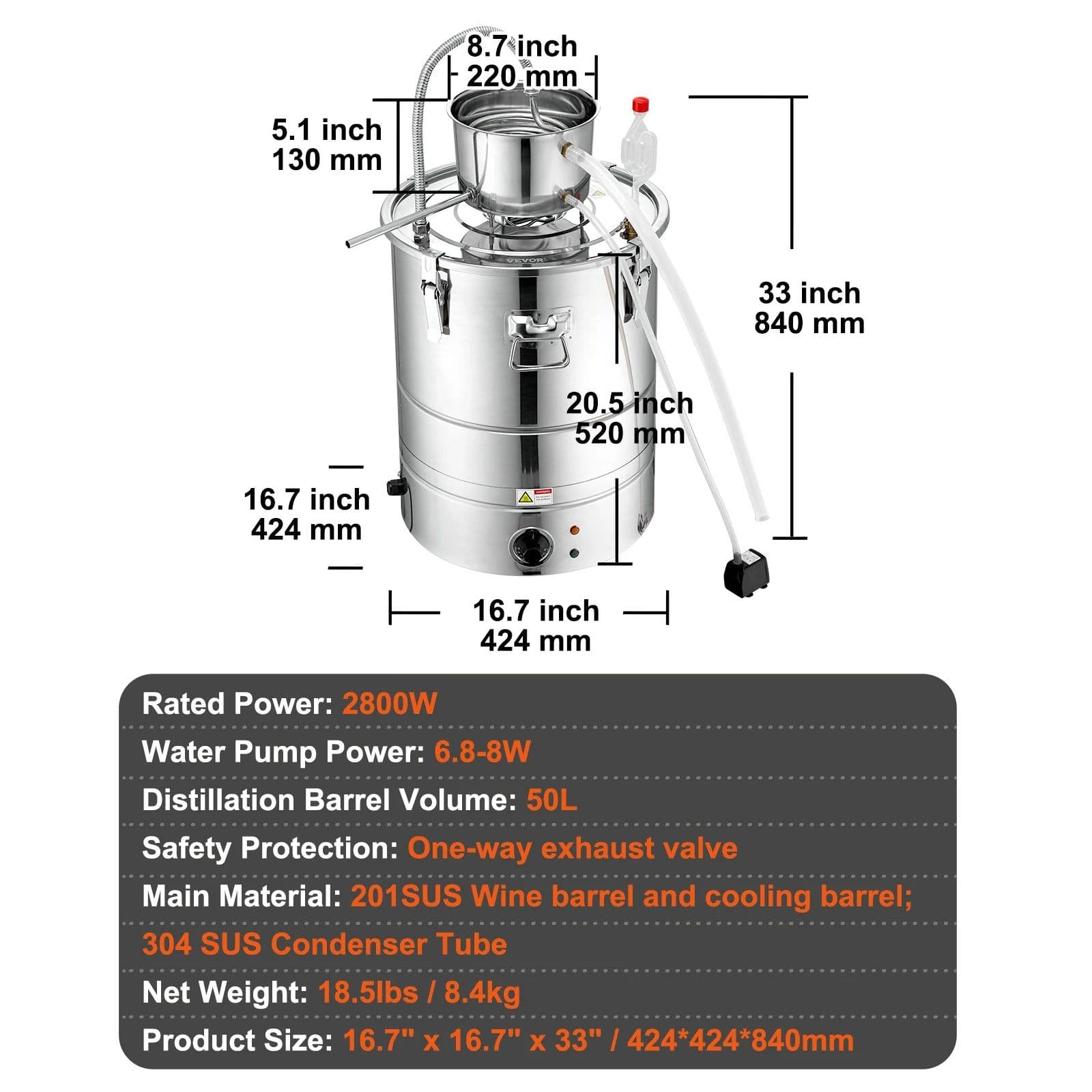 image-VEVOR 30/50L Stainless Steel Alcohol Distiller Alcohol Still Essential Oil Brewing DIY Whisky Wine Brandy Distillery Home Use