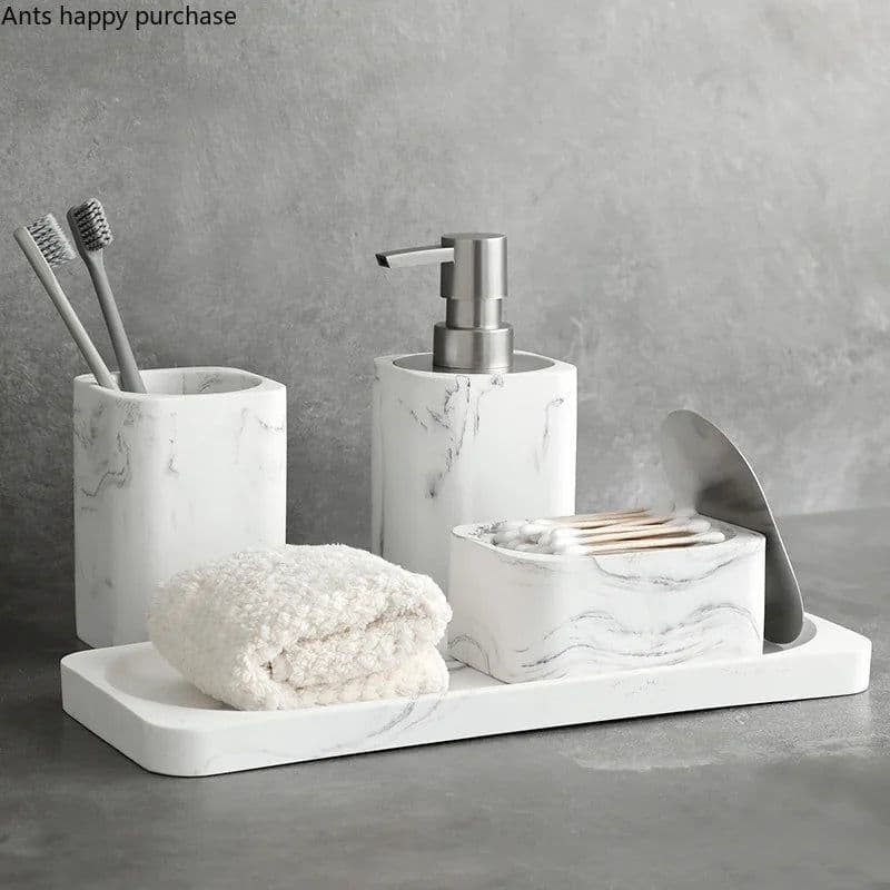 image-Bathroom Four Piece Set Resin Marble Bathroom Set Wash Sets Lotion Bottle Mouthwash Cup Cotton Swab Box Tray Soap Dispenser