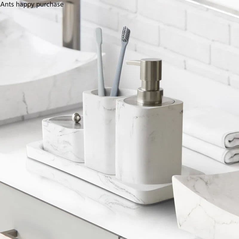 image-Bathroom Four Piece Set Resin Marble Bathroom Set Wash Sets Lotion Bottle Mouthwash Cup Cotton Swab Box Tray Soap Dispenser