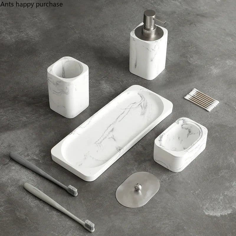image-Bathroom Four Piece Set Resin Marble Bathroom Set Wash Sets Lotion Bottle Mouthwash Cup Cotton Swab Box Tray Soap Dispenser