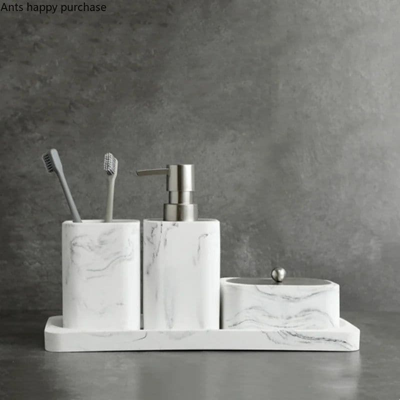 image-Bathroom Four Piece Set Resin Marble Bathroom Set Wash Sets Lotion Bottle Mouthwash Cup Cotton Swab Box Tray Soap Dispenser