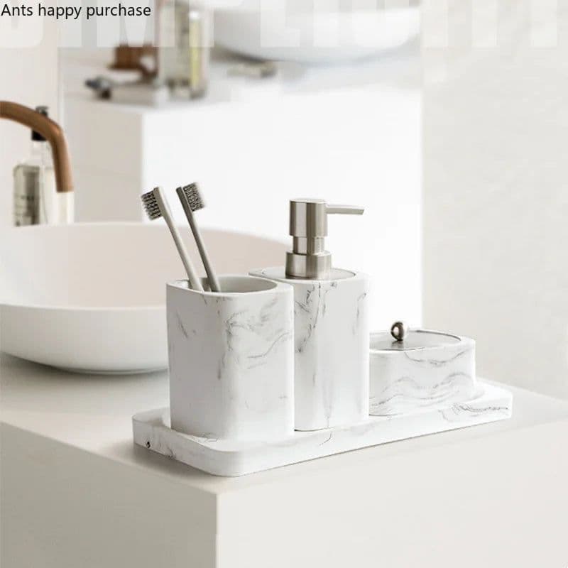 image-Bathroom Four Piece Set Resin Marble Bathroom Set Wash Sets Lotion Bottle Mouthwash Cup Cotton Swab Box Tray Soap Dispenser