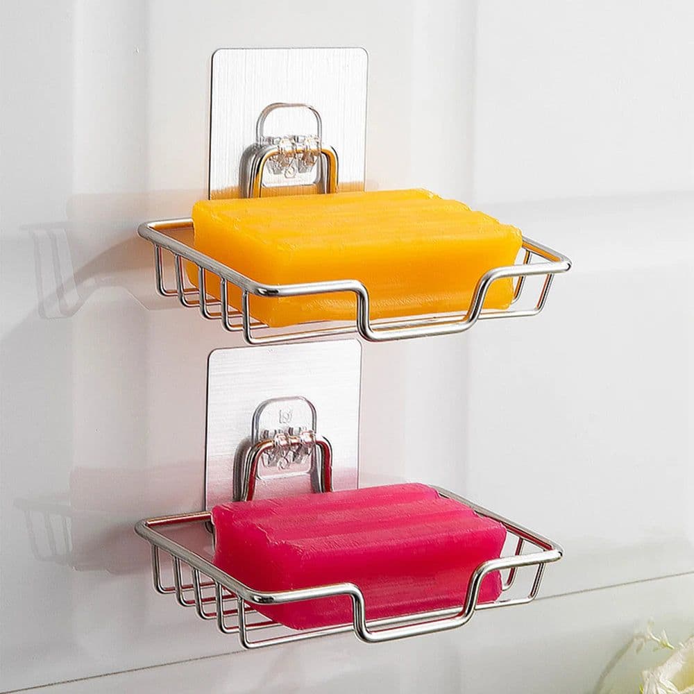 image-Soap Rack Wall Mounted Soap Holder Stainless Steel Soap Sponge Dish Bathroom Accessories Soap Dishes Self Adhesive