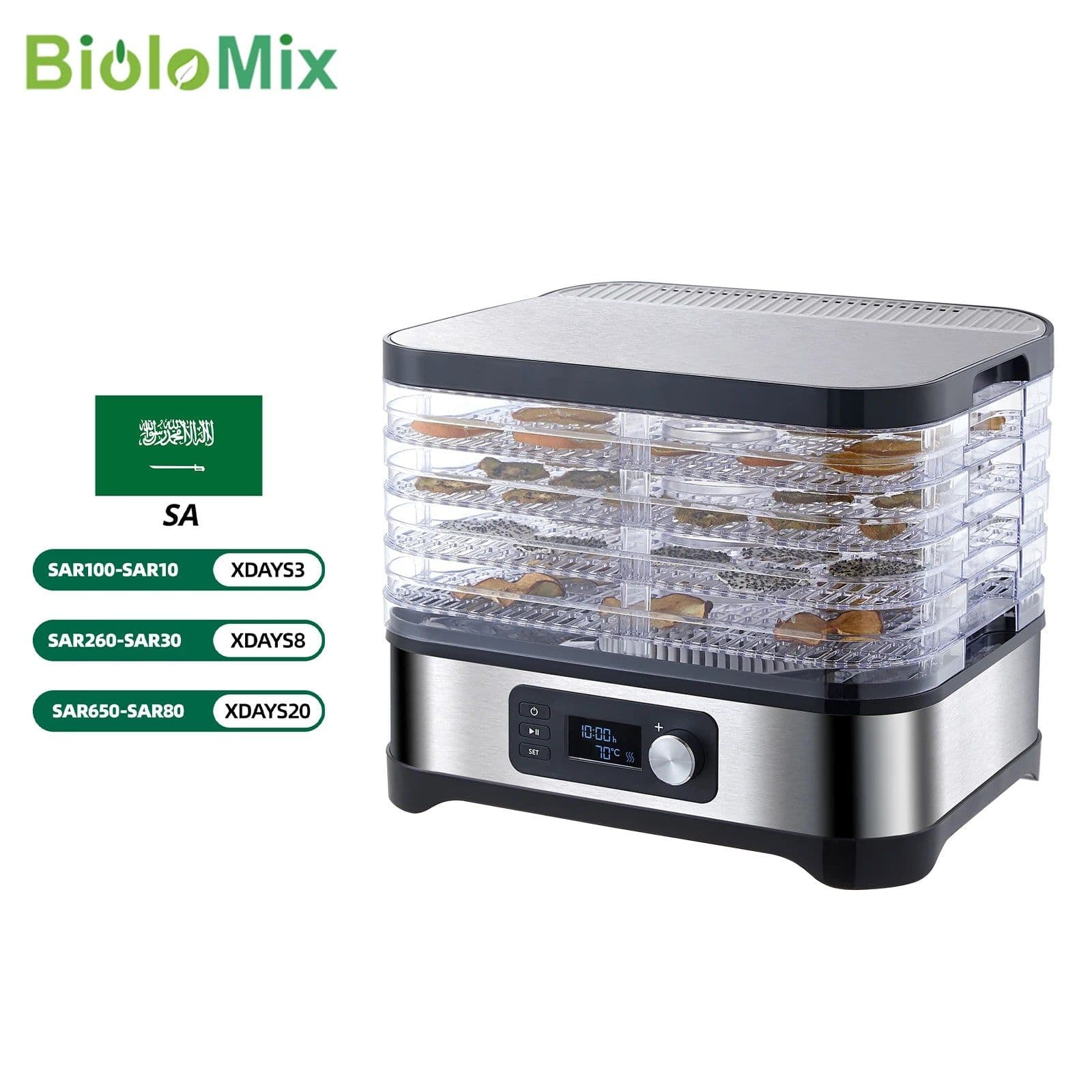 image-BioloMix BPA FREE 5 Trays Food Dryer Dehydrator with Digital Timer and Temperature Control for Fruit Vegetable Meat Beef Jerky