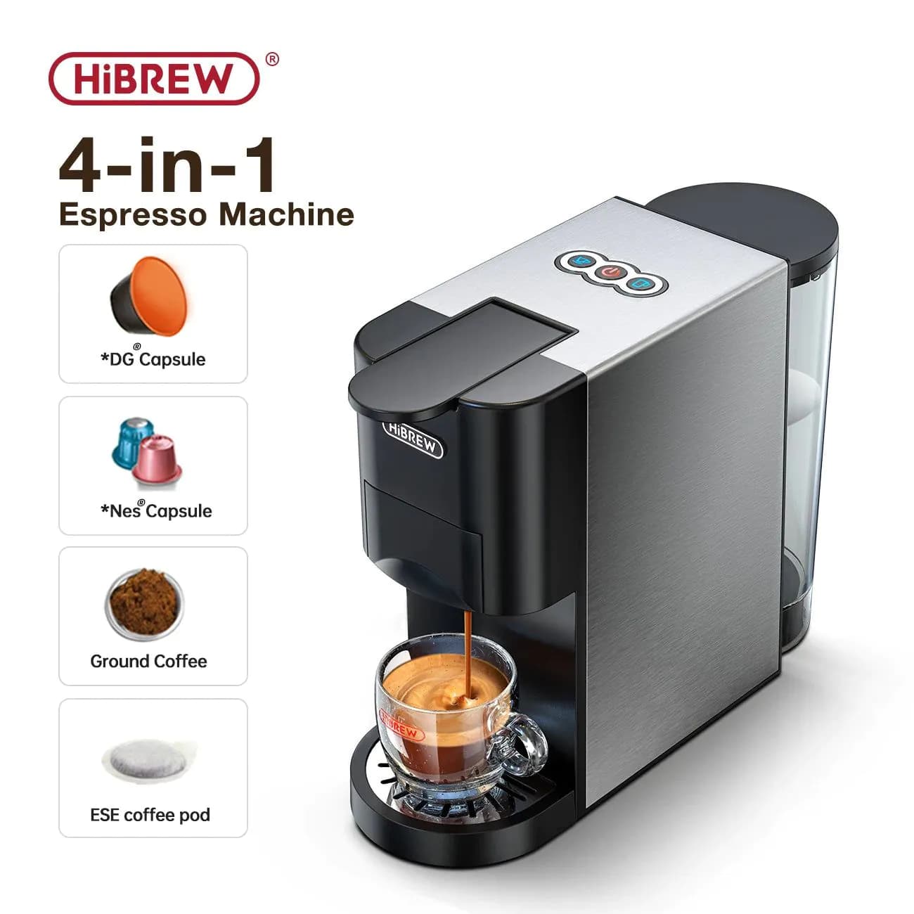 image-HiBREW Coffee Machine 4in1 Multiple Capsule Espresso Dolce Milk&Nespresso&ESE Pod&Powder Coffee Maker Stainless Metal Outook H3