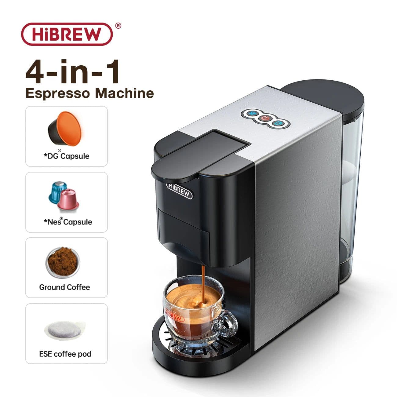 image-HiBREW Coffee Machine 4in1 Multiple Capsule Espresso Dolce Milk&Nespresso&ESE Pod&Powder Coffee Maker Stainless Metal Outook H3