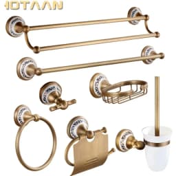 image-Antique Brushed Solid Brass Bathroom Accessories Sets European Porcelain Bathroom Hardware Sets Ceramic Retro Bathroom Products