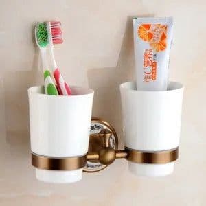 image-Antique Brushed Solid Brass Bathroom Accessories Sets European Porcelain Bathroom Hardware Sets Ceramic Retro Bathroom Products