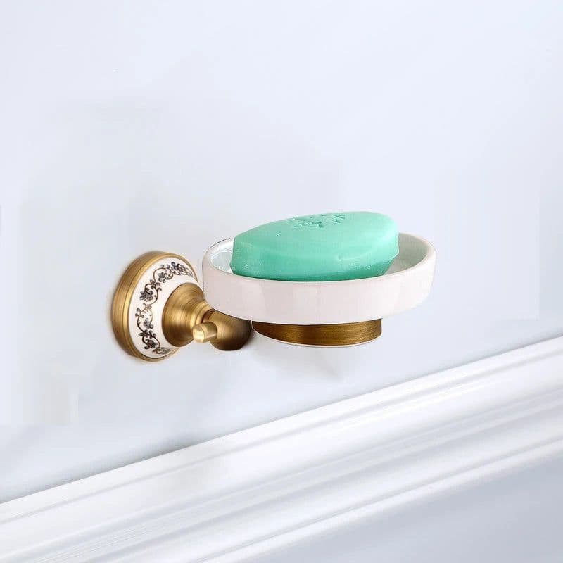 image-Antique Brushed Solid Brass Bathroom Accessories Sets European Porcelain Bathroom Hardware Sets Ceramic Retro Bathroom Products