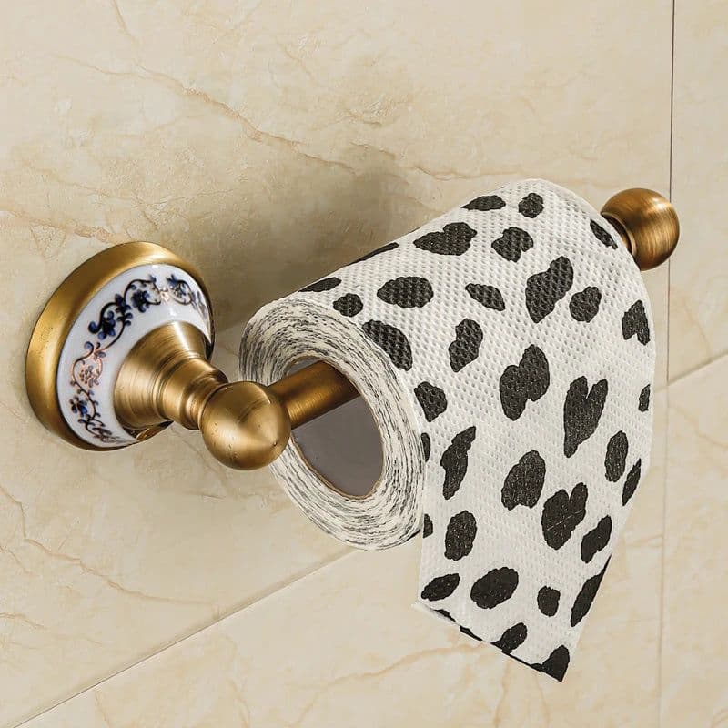 image-Antique Brushed Solid Brass Bathroom Accessories Sets European Porcelain Bathroom Hardware Sets Ceramic Retro Bathroom Products