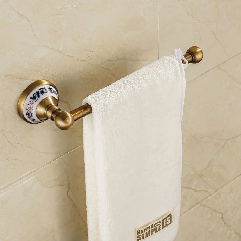 image-Antique Brushed Solid Brass Bathroom Accessories Sets European Porcelain Bathroom Hardware Sets Ceramic Retro Bathroom Products