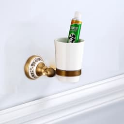 image-Antique Brushed Solid Brass Bathroom Accessories Sets European Porcelain Bathroom Hardware Sets Ceramic Retro Bathroom Products