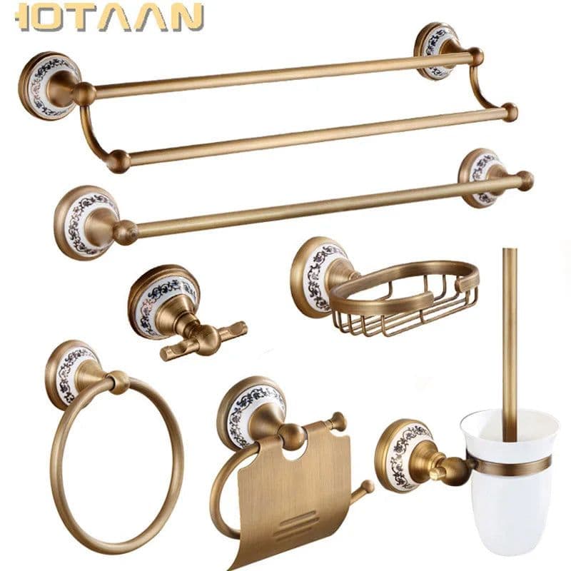 image-Antique Brushed Solid Brass Bathroom Accessories Sets European Porcelain Bathroom Hardware Sets Ceramic Retro Bathroom Products