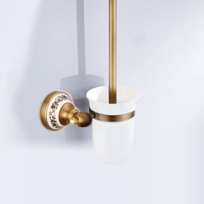 image-Antique Brushed Solid Brass Bathroom Accessories Sets European Porcelain Bathroom Hardware Sets Ceramic Retro Bathroom Products