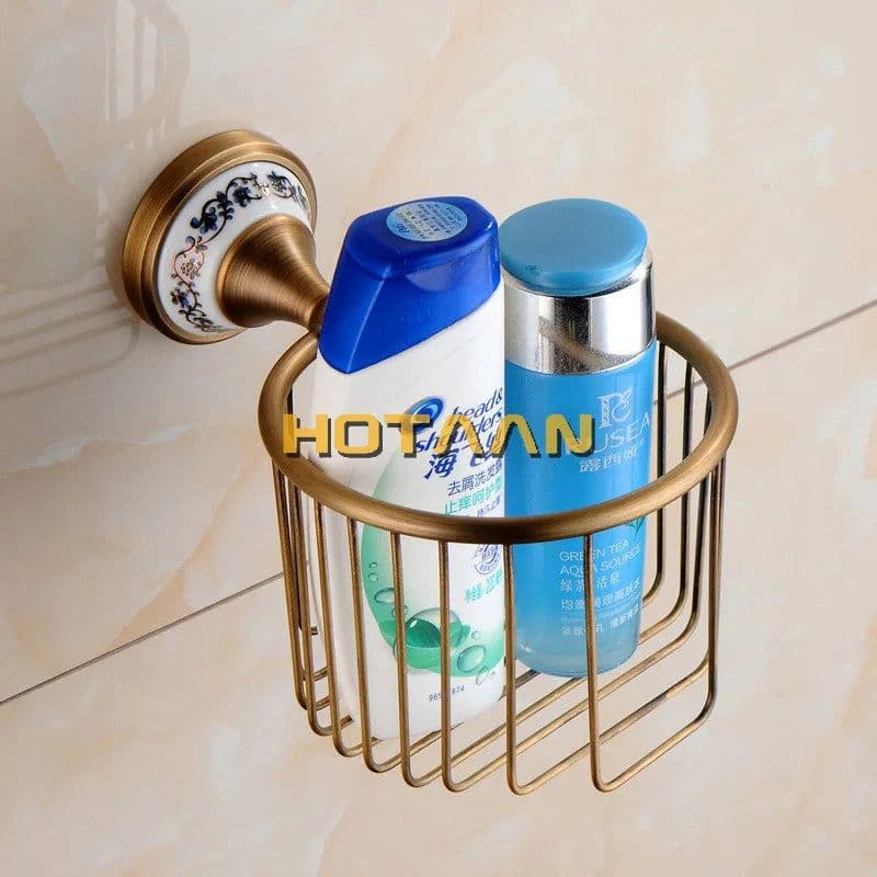 image-Antique Brushed Solid Brass Bathroom Accessories Sets European Porcelain Bathroom Hardware Sets Ceramic Retro Bathroom Products