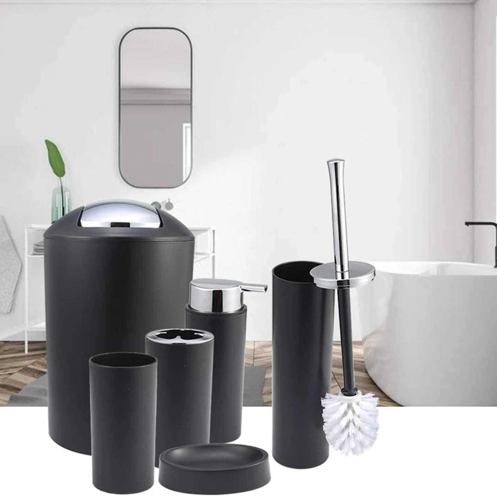 image-6Pcs Plastic Bathroom Accessories Set Bath Ensemble Soap Dish Trash Can Toilet Brush Necessities Brush Holder Trash Can Set