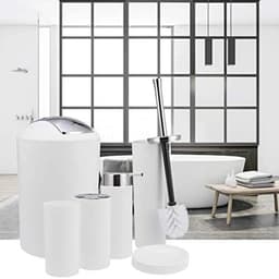 image-6Pcs Plastic Bathroom Accessories Set Bath Ensemble Soap Dish Trash Can Toilet Brush Necessities Brush Holder Trash Can Set