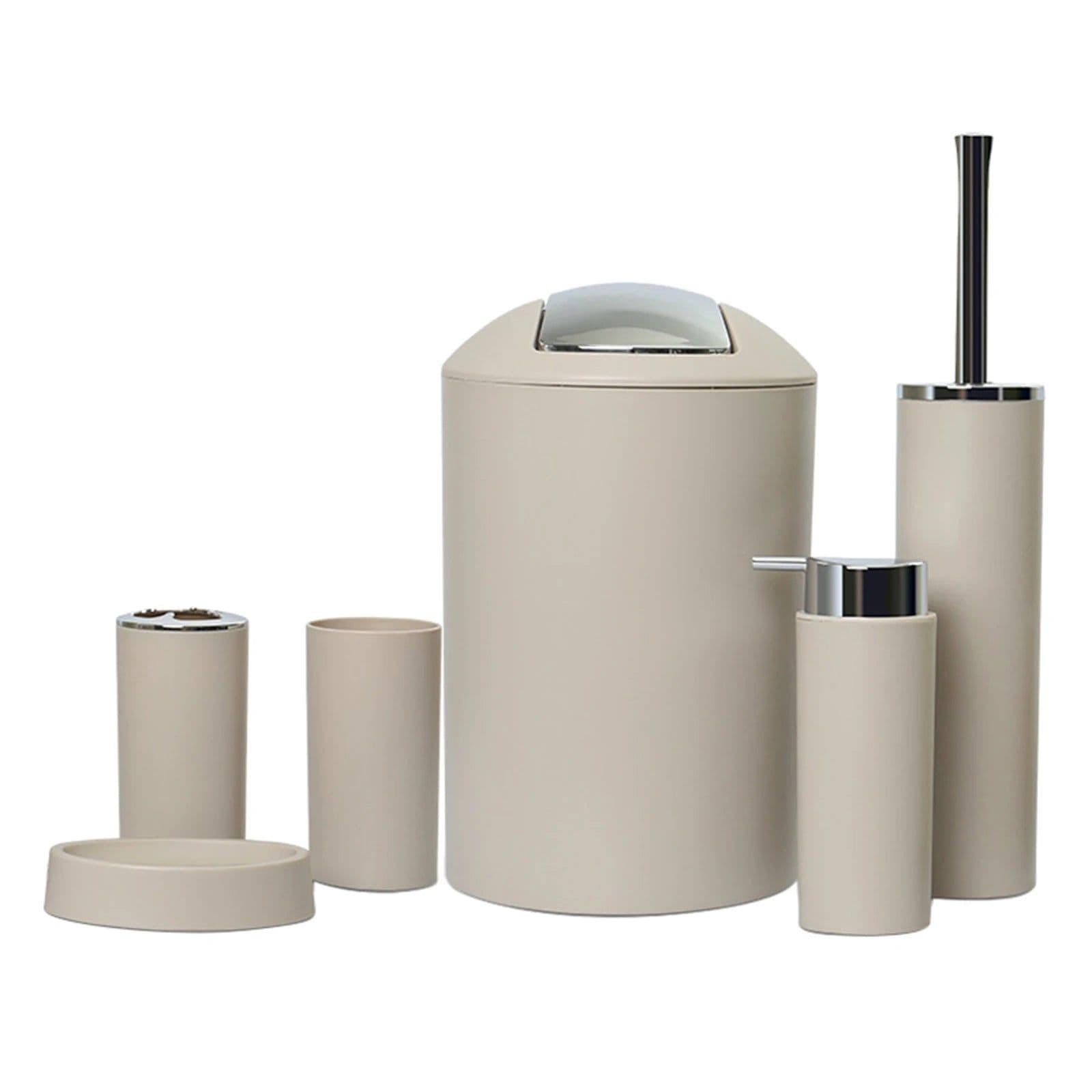 image-6Pcs Plastic Bathroom Accessories Set Bath Ensemble Soap Dish Trash Can Toilet Brush Necessities Brush Holder Trash Can Set