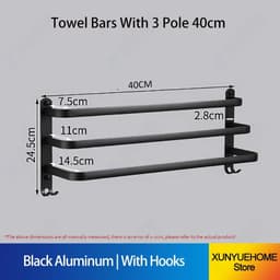 image-Towel Bar 30-60 CM Multi Rod Holder Bathroom Accessories Wall Rail Organizer Hook Hanger Aluminum Storage Rack Matte Black Shelf