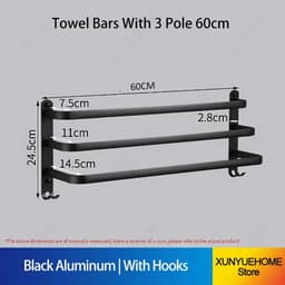 image-Towel Bar 30-60 CM Multi Rod Holder Bathroom Accessories Wall Rail Organizer Hook Hanger Aluminum Storage Rack Matte Black Shelf
