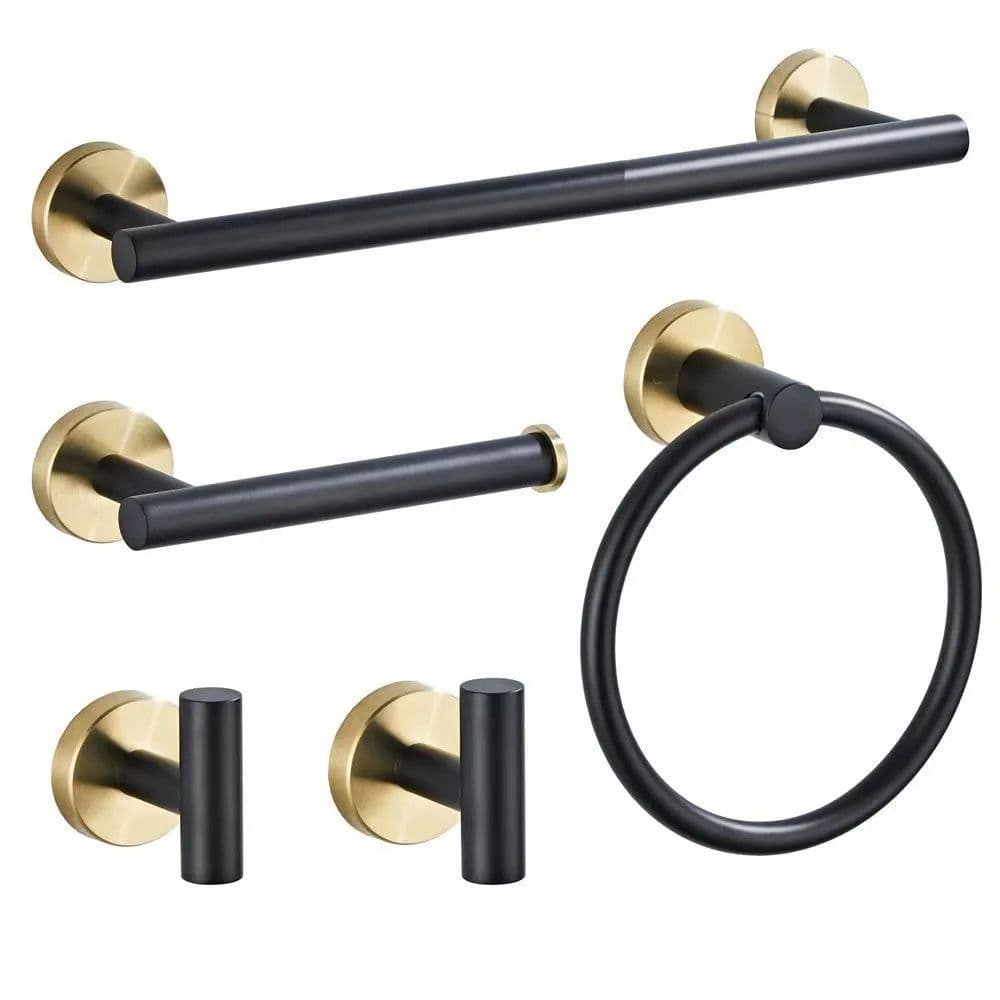 image-Black and Gold Stainless Steel Bathroom Hardware set Towel Bar Toilet Paper Holder Clothes Hook Bathroom Roll Towel Rack Ring