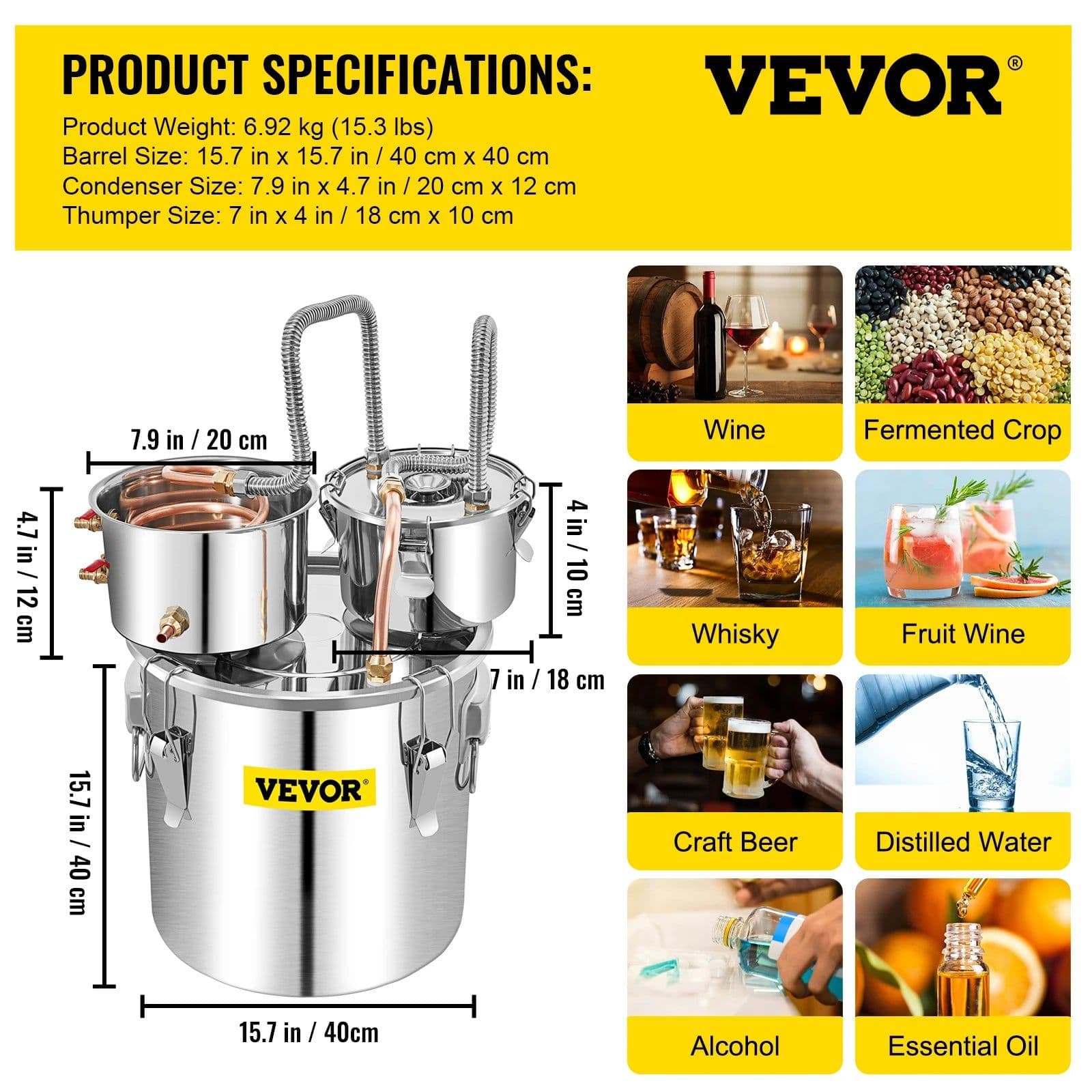 image-VEVOR 12L 20L 30L 50L Alcohol Brewing Distiller DIY Moonshine Apparatus Stainless Steel Still Whisky Beer Brandy Home Appliance