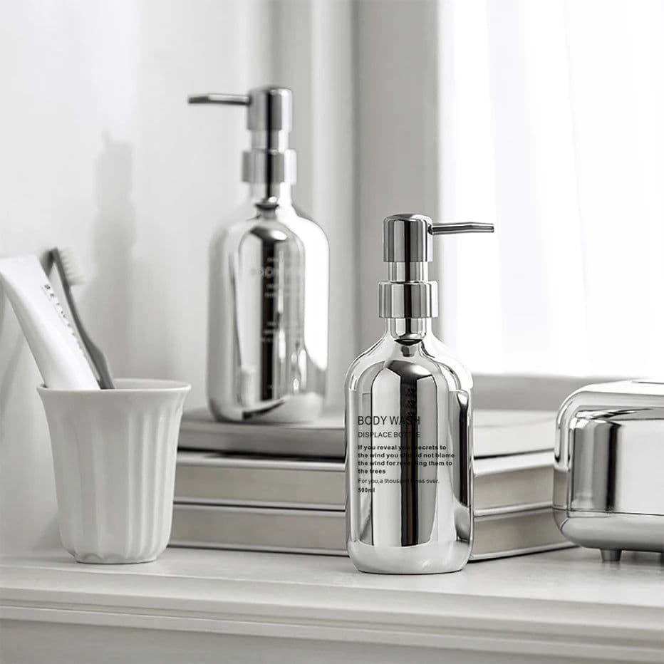 image-Silver Plating Soap Dispenser Bottle Mirror Hand Press Refillable Shampoo Body Lotion Hand Soap Dispenser Bathroom Container