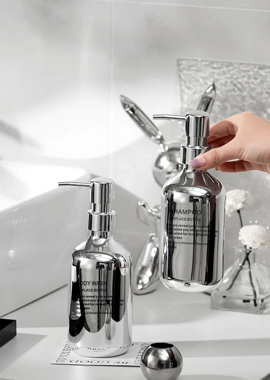 image-Silver Plating Soap Dispenser Bottle Mirror Hand Press Refillable Shampoo Body Lotion Hand Soap Dispenser Bathroom Container