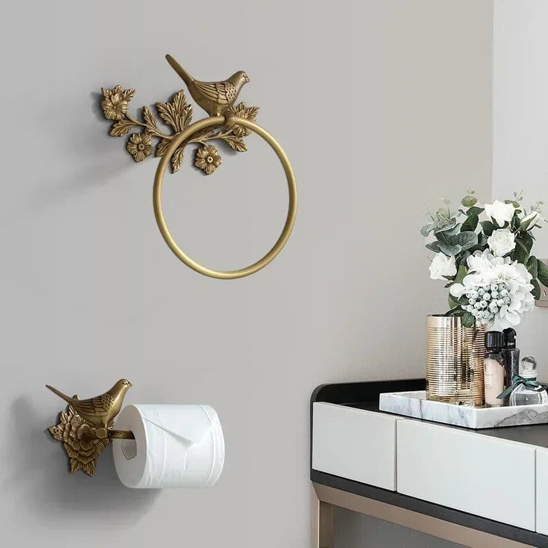 image-Luxury All-Copper Bathroom Accessories Retro Brass Bird Towel Ring Clear Texture Punch-Free Towel Holder Antique Bathroom