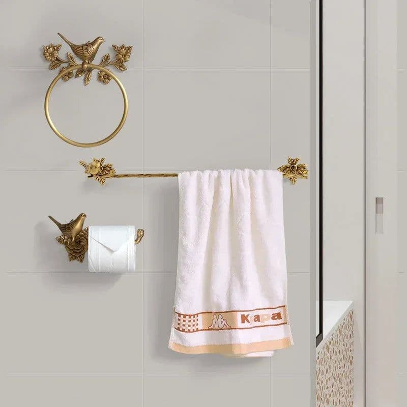 image-Luxury All-Copper Bathroom Accessories Retro Brass Bird Towel Ring Clear Texture Punch-Free Towel Holder Antique Bathroom