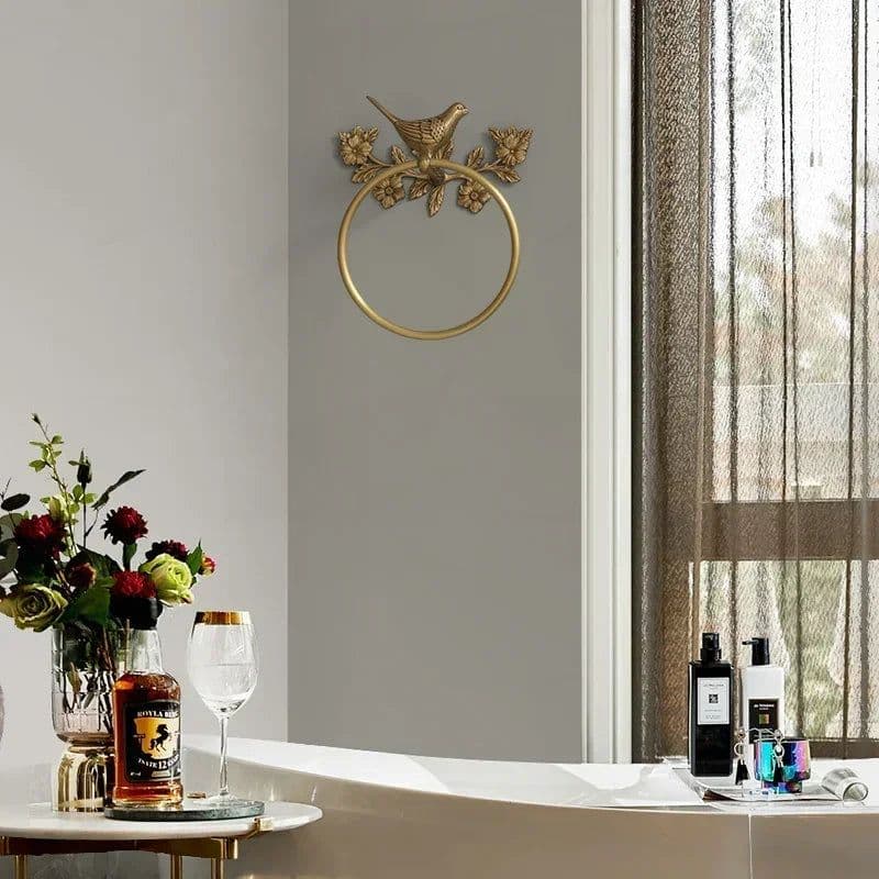 image-Luxury All-Copper Bathroom Accessories Retro Brass Bird Towel Ring Clear Texture Punch-Free Towel Holder Antique Bathroom