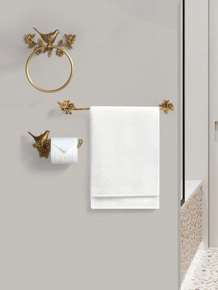 image-Luxury All-Copper Bathroom Accessories Retro Brass Bird Towel Ring Clear Texture Punch-Free Towel Holder Antique Bathroom