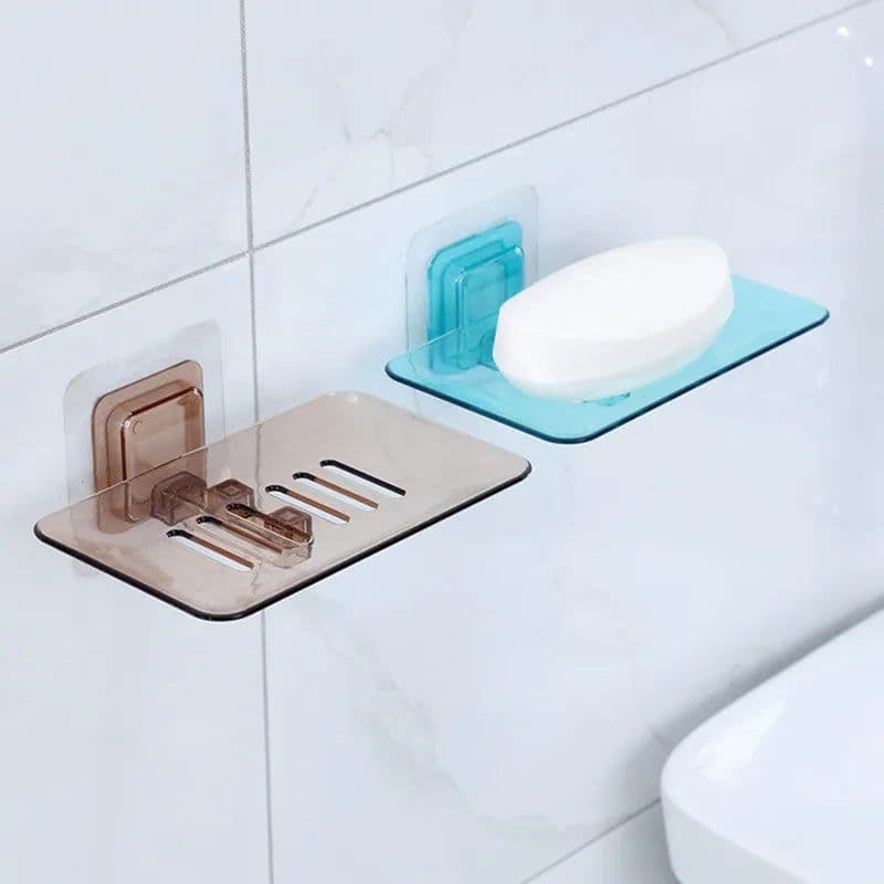 image-Soap Rack No Drilling Wall Mounted Double Layer Soap Holder Soap Sponge Dish Bathroom Accessories Soap Dishes Self Adhesive
