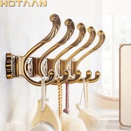 image-Hotaan Antique Brass Robe Hook Wall Mount Towel Holder Bathroom Accessories Organizer Luxury Clothes Hook Rack YT-3012