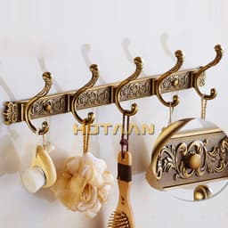 image-Hotaan Antique Brass Robe Hook Wall Mount Towel Holder Bathroom Accessories Organizer Luxury Clothes Hook Rack YT-3012