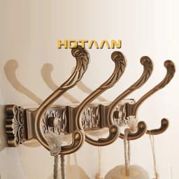 image-Hotaan Antique Brass Robe Hook Wall Mount Towel Holder Bathroom Accessories Organizer Luxury Clothes Hook Rack YT-3012