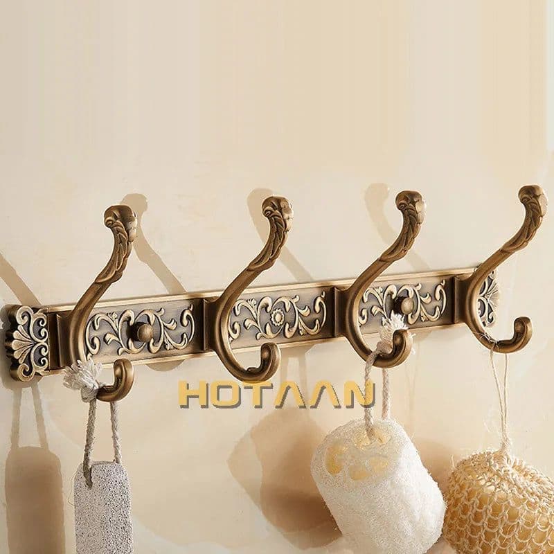 image-Hotaan Antique Brass Robe Hook Wall Mount Towel Holder Bathroom Accessories Organizer Luxury Clothes Hook Rack YT-3012