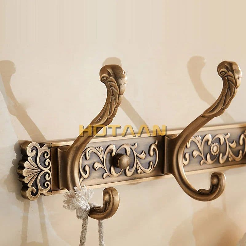 image-Hotaan Antique Brass Robe Hook Wall Mount Towel Holder Bathroom Accessories Organizer Luxury Clothes Hook Rack YT-3012