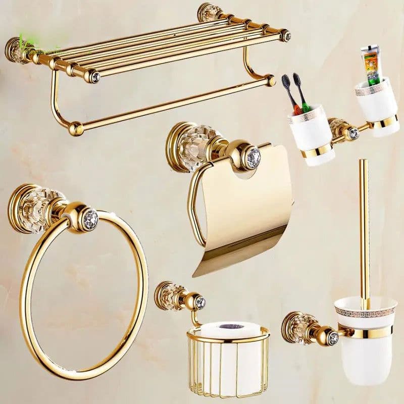 image-Luxury Gold Crystal Brass Bathroom Accessories Bathroom Hardware Set Gold Soap Dish Towel Holder Hair Dryer Rack Paper Net 2