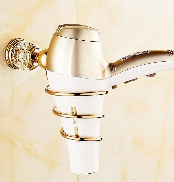 image-Luxury Gold Crystal Brass Bathroom Accessories Bathroom Hardware Set Gold Soap Dish Towel Holder Hair Dryer Rack Paper Net 2