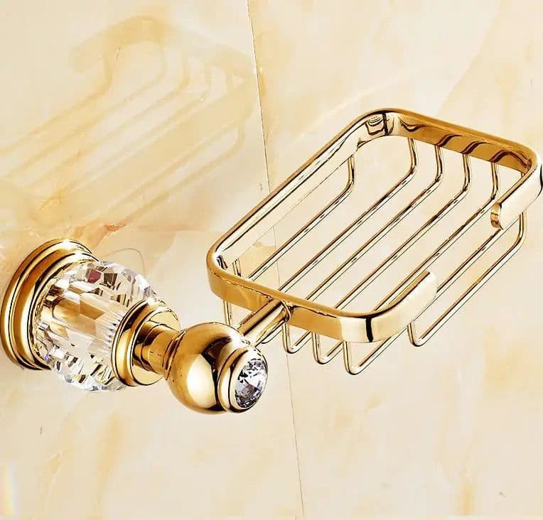image-Luxury Gold Crystal Brass Bathroom Accessories Bathroom Hardware Set Gold Soap Dish Towel Holder Hair Dryer Rack Paper Net 2