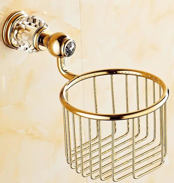 image-Luxury Gold Crystal Brass Bathroom Accessories Bathroom Hardware Set Gold Soap Dish Towel Holder Hair Dryer Rack Paper Net 2