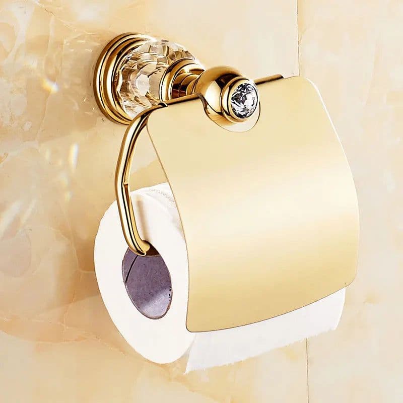 image-Luxury Gold Crystal Brass Bathroom Accessories Bathroom Hardware Set Gold Soap Dish Towel Holder Hair Dryer Rack Paper Net 2