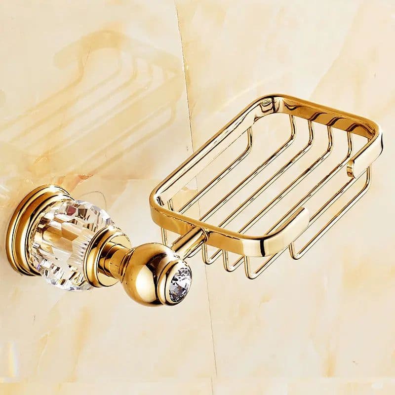image-Luxury Gold Crystal Brass Bathroom Accessories Bathroom Hardware Set Gold Soap Dish Towel Holder Hair Dryer Rack Paper Net 2