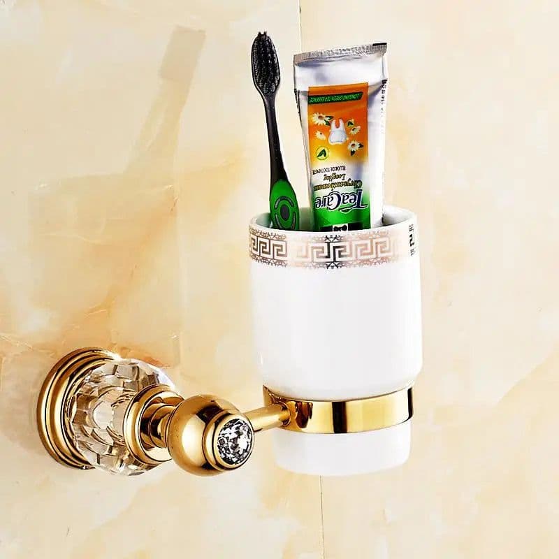 image-Luxury Gold Crystal Brass Bathroom Accessories Bathroom Hardware Set Gold Soap Dish Towel Holder Hair Dryer Rack Paper Net 2