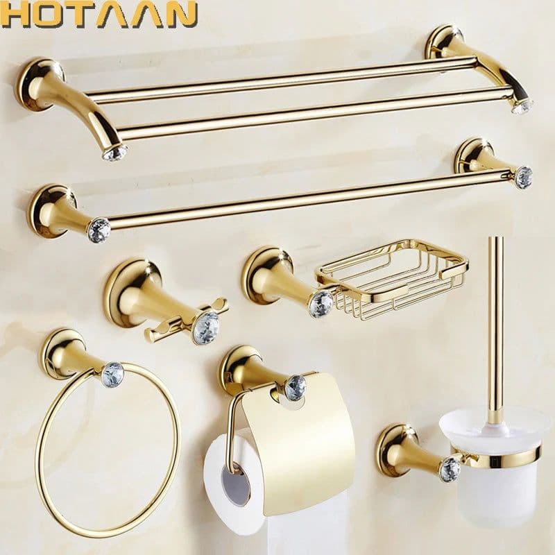 image-Stainless Steel Gold Plated Bathroom Hardware Set Towel Rack Toilet Paper Holder Towel Bar Hook Bathroom Accessories Set